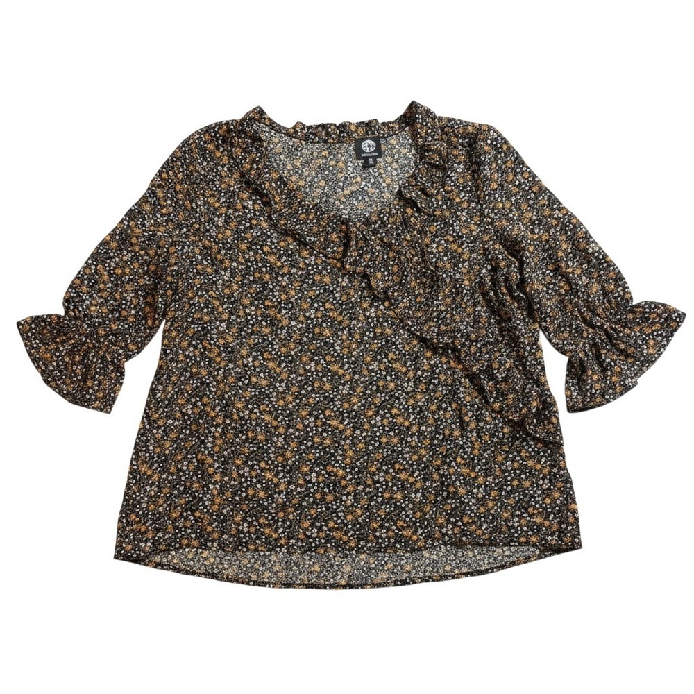 Bobeau Wrap Blouse XL Black Floral Ruffle V-Neck 3/4 Sleeve Side Tie MT1WC1